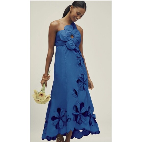 Anthropologie One Shoulder Cutwork Dress Sz XS Blue - Picture 3 of 9